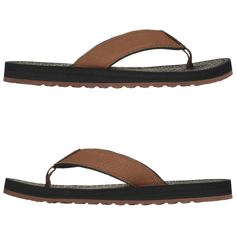 Brown flip-flops with a textured strap and thick sole are positioned side by side showcasing their design and color against a plain white background indicating footwear suitable for casual wear.