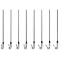 A series of eight metal poles with angled ends are aligned vertically in a row against a plain white background, suggesting an orderly presentation of equipment, likely for a specific function or task.