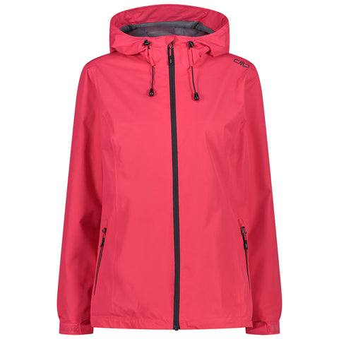 A pink waterproof jacket hangs upright showcasing a zipper front and a hood with adjustable drawstrings intended for outdoor wear highlighting functionality and protection against the elements.