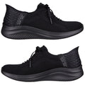 Black athletic shoes are displayed from multiple angles, featuring a lightweight knitted upper and a thick curved sole, designed for comfort and casual wear.