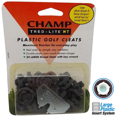 A package contains plastic golf cleats featuring 24 large cleats and a key wrench for easy installation displayed against a white background with branding and product information visible.