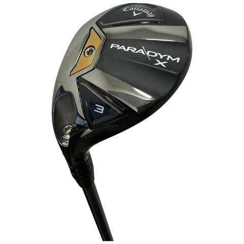 A golf club is showcased with a sleek black and metallic head featuring Callaway branding and a golden accent with the number three positioned. It rests against a white background.