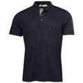 A dark navy polo shirt featuring a contrasting collar and buttons is displayed, showcasing a simple and stylish design suitable for casual or semi-formal wear. The brand logo is visible on the sleeve.