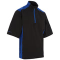 A short-sleeved black and blue athletic shirt is displayed standing upright highlighting its collar and quarter-zip front it features a logo on the sleeve labeled AQUALITE