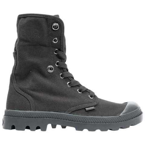 A black high-top boot stands upright showcasing a sturdy canvas material with metal eyelets and laces intricate design rubber sole and reinforced toe ideal for outdoor or casual wear