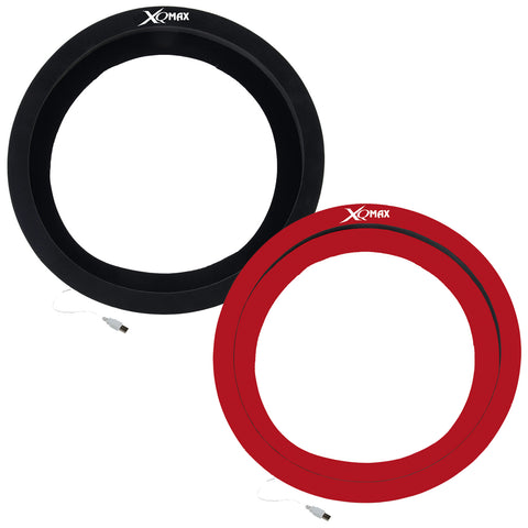 Two circular light rings are placed side by side one black and one red. Each ring has a cord with a USB connector indicating they are designed for illumination purposes.