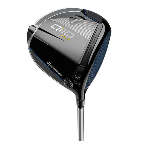 A golf driver is displayed prominently showcasing a sleek black design with blue accents and branding indicating its model Qild Max and specifications 10.5 on its side.