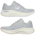 Light gray athletic shoes are displayed with a focus on their design and features providing comfort and support ideal for various activities set against a plain background.