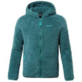 A teal fleece jacket with a zip-up front and a hood is displayed. It features a textured material and two side pockets suitable for casual or outdoor wear.