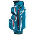 A golf bag with multiple compartments is displayed upright. It features a blue and white design with red accents. This bag is designed for storing and carrying golf clubs and accessories.