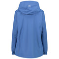 A blue jacket with a hood hangs in a vertical position displaying a smooth fabric surface and elastic cuffs emphasizing its suitability for outdoor activities and varying weather conditions.