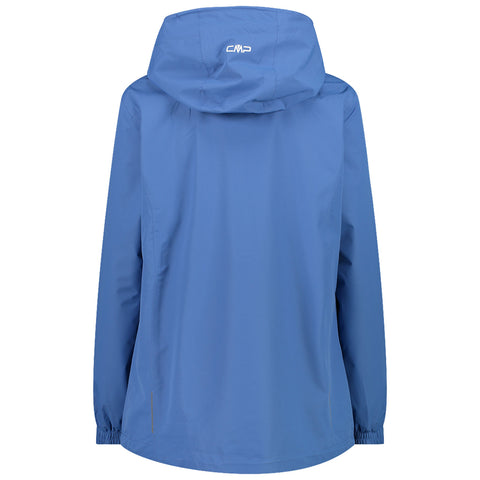 A blue jacket with a hood hangs in a vertical position displaying a smooth fabric surface and elastic cuffs emphasizing its suitability for outdoor activities and varying weather conditions.