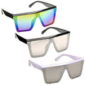 Three pairs of oversized sunglasses are arranged vertically. The top pair has multicolored mirrored lenses. The middle pair features clear lenses. The bottom pair has light-colored lenses.