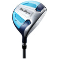 A golf driver is angled upwards displaying a sleek metallic head with blue accents and branding featuring a logo the shaft is straight and black with a silver grip.