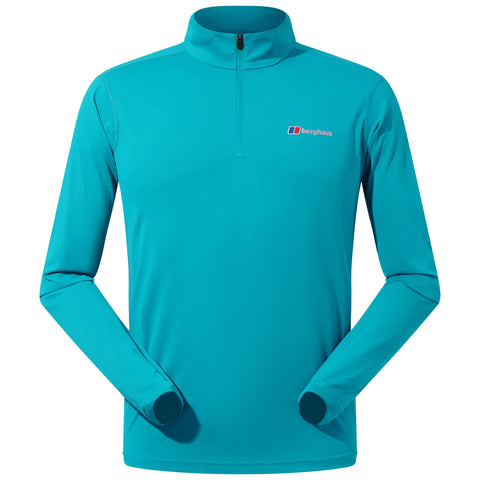 A turquoise long-sleeved top with a zippered collar is displayed with arms positioned at the sides featuring thumbholes at the cuffs indicating a casual, sporty design.