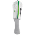 A white golf club headcover with a green stripe sits upright showcasing its cushioned design and branding from TaylorMade and RBZ. The knitted bottom allows for easy grip.