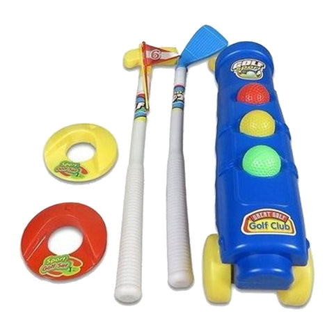 A blue toy golf cart holds three colorful miniature golf balls while two plastic golf clubs and two ring targets are arranged around it, designed for children's play.