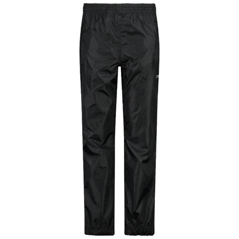 Black waterproof pants stand upright displaying a sleek design with an elastic waistband and gathered ankles used for protection against rain and wind in outdoor environments.