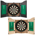 A dartboard setup features two closed cabinets with dartboards and scorekeeping panels. Each cabinet displays darts and includes scoring grids for games like cricket, outlined in green and black.