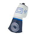 A sports glove primarily for boxing features a white upper section with blue and black accents displaying a swirl logo on the palm and is set against a plain background.