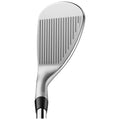 A golf club head features a shiny metallic surface with horizontal grooves for grip. It is positioned upright, emphasizing its angled face designed for striking a golf ball.