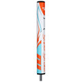 A golf club grip with a sleek design in white and light blue with orange accents is displayed vertically showcasing its branding and texture suitable for enhancing player control in golf games.