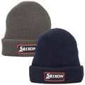 Two knitted beanies are displayed side by side one in dark gray and the other in navy blue both have a fold-over cuff featuring a rectangular Srixon logo in red and white.