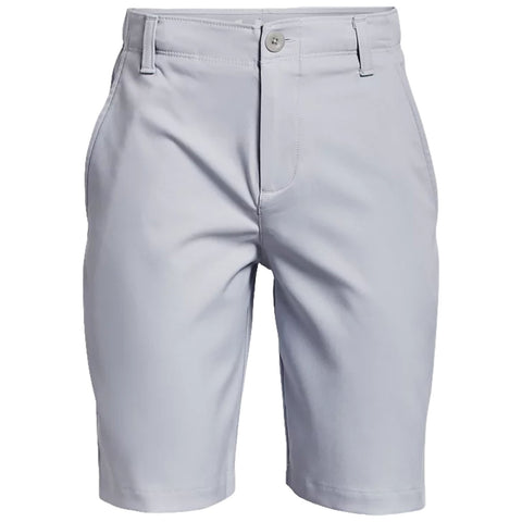 Light gray shorts are displayed front-facing with a buttoned fastening at the waist and side pockets, showcasing a smooth fabric texture in a neutral setting.