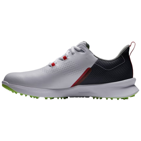 A golf shoe is displayed showcasing a white and black design with red accents and a green sole featuring spikes for grip on turf enhancing stability during play.