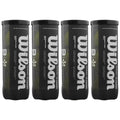 Four cylindrical black cans are stacked side by side featuring the brand name Wilson in bold white letters. Each can contains padel balls, suggesting they are for sports usage.