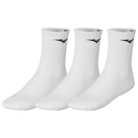 Three pairs of white athletic socks are lined up side by side showcasing a ribbed design at the top and a logo on each sock against a plain background