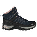 A high-top outdoor boot features a waterproof design with a dark blue upper and gray accents. The boot is equipped with metal eyelets and a rugged sole for traction.