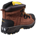 A brown hiking boot with a sturdy sole and textured upper features yellow laces and a padded collar displayed prominently against a plain background, suggesting durability and outdoor utility.