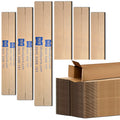 A series of six long cardboard tubes are placed upright beside a stack of flat rectangular cardboard sheets with one box partially open and displaying its contents in an organized manner.