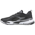 A black athletic shoe features a sleek design with gray accents and a white sole. It is positioned sideways against a plain background, highlighting its modern style.