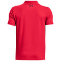 A red polo shirt is displayed with a short sleeve design featuring a black logo on the upper back. The shirt has a collared neck and a smooth fabric texture.