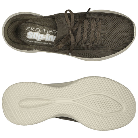 A pair of brown mesh sneakers is displayed. The shoes are positioned flat with laces tied on top and a textured white sole underneath. The interior features air-cooled memory foam.