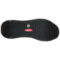 A black rubber shoe sole is displayed with a textured pattern for grip. The marking indicates it is designed to be slip resistant, suitable for safe walking in various environments.