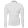 A long-sleeved, white mock-neck shirt is displayed prominently against a plain background emphasizing its smooth fabric and simple design without any visible patterns or additional colors.