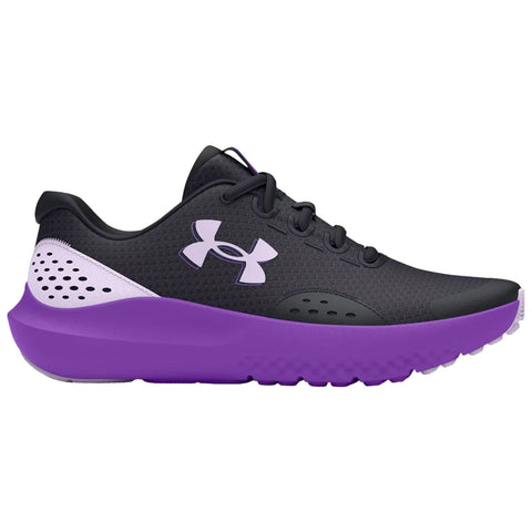 A black athletic shoe with purple accents features a breathable upper and a thick purple sole designed for comfort and support in active sports settings.