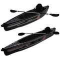 Two kayaks are positioned side by side on a plain background with one labeled XPRO 3.2 and the other XPRO 4.7 showcasing their streamlined designs and paddles resting on each.