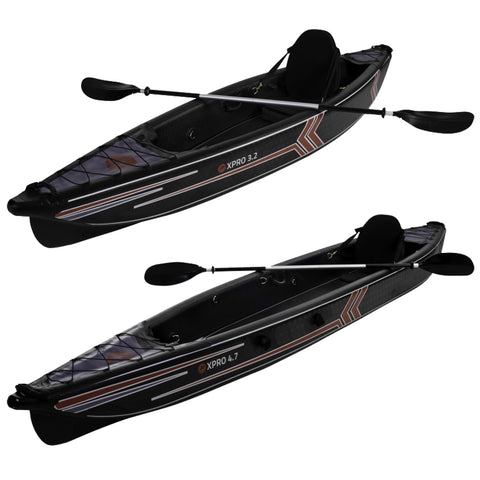 Two kayaks are positioned side by side on a plain background with one labeled XPRO 3.2 and the other XPRO 4.7 showcasing their streamlined designs and paddles resting on each.