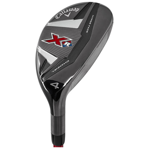 A golf club featuring a shiny black and silver design is angled slightly. It is labeled with the brand Callaway and the model XR, intended for use on a golf course.