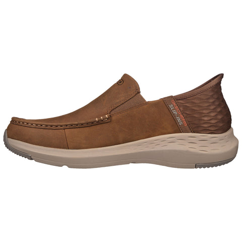 A brown slip-on shoe featuring a smooth leather upper with stitching details and a textured back. It has a cushioned sole designed for comfort in casual settings.