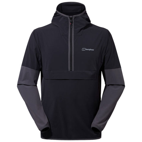 A black hooded pullover jacket features a half-zip front and contrasting gray sleeves. It is designed for outdoor activities, likely made of lightweight, weather-resistant fabric.