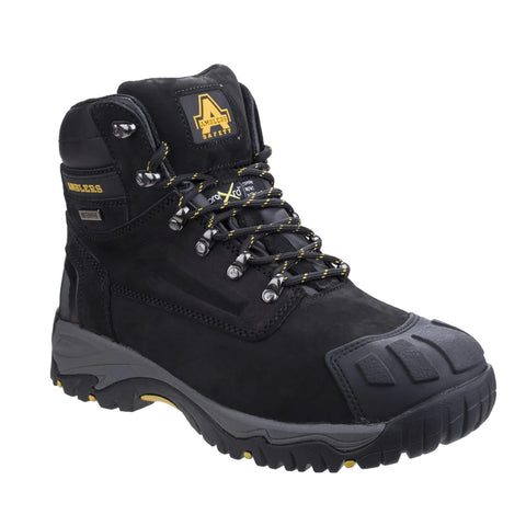 A black hiking boot is positioned upright showcasing its textured leather upper and rugged rubber sole with prominent tread. Yellow and black laces are threaded through metal eyelets for securing fit.