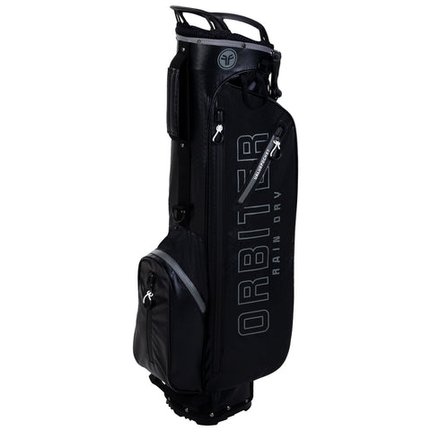 A black golf bag stands upright featuring multiple compartments and zippers. It is designed for rain protection, emphasizing durability and functionality on the golf course. The label reads "ORBITER RAIN DRY."