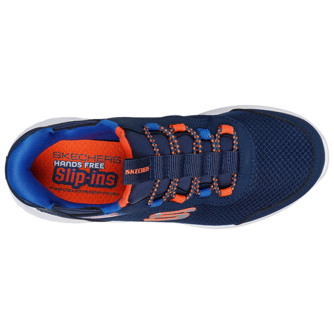 A navy blue sneaker features an orange interior and accented laces with a mesh design. It is designed for easy slip-on use and provides comfort with a cushioned insole. The brand name is Skechers.