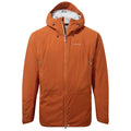 An orange jacket with a hood and zippered front is displayed with full sleeves and side pockets in a neutral background. The fabric appears weather-resistant and suitable for outdoor activities.