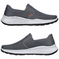 A pair of gray slip-on shoes with a textured upper and a white rubber sole stands in a neutral space showcasing flexibility and comfort designed for casual wear.